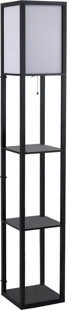 Lampadaire colonne bois noir E27 40W 160cm avec 3 étagères déco