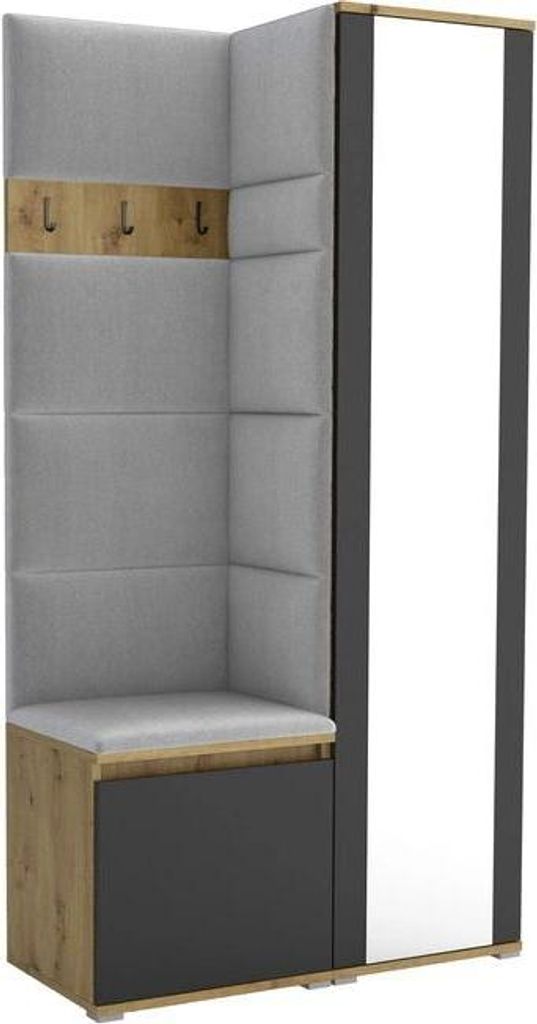 Garderoben-Set Noris VI mit Spiegel, gepolsterte Garderobe 95 cm, kompakte Flurmöbel mit Wandpaneelen, Haken und Stauraum (Farbe: Artisan Eiche/Sc...