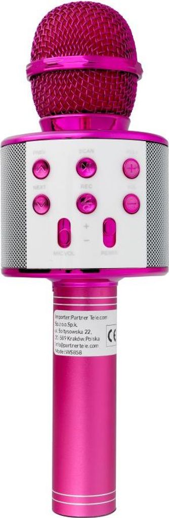 A pink karaoke microphone with controls on a white background.