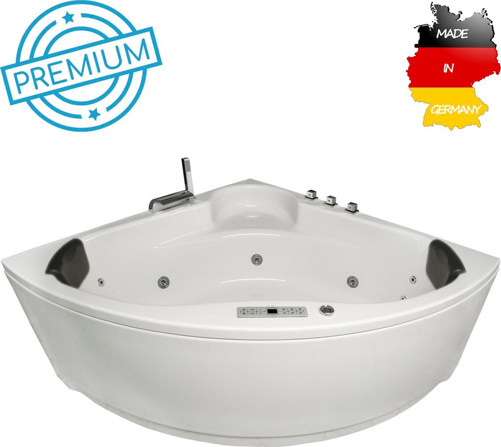 Basera PREMIUM Indoor Eck-Whirlpool Badewanne Futuna 140 x 140 cm mit 21 Massagedüsen, Heizung, Ozongenerator, Bodenansaugung, Wasserfall, LED-Amb...