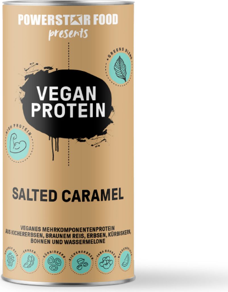 Powerstar VEGAN PROTEIN POWDER 500 g | Ohne Soja | Mehrkomponenten Protein-Pulver mit 10 Superfoods | Ideal zum Muskelaufbau | Salted Caramel