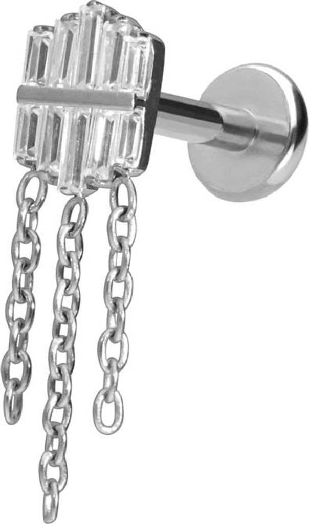 Ohrpiercing, Nasenpiercing Titan Labret mit Push Fit KRISTALLSCHILD + 3 KETTEN Silber Stablänge: 9mm | Stabstärke: 1,2mm