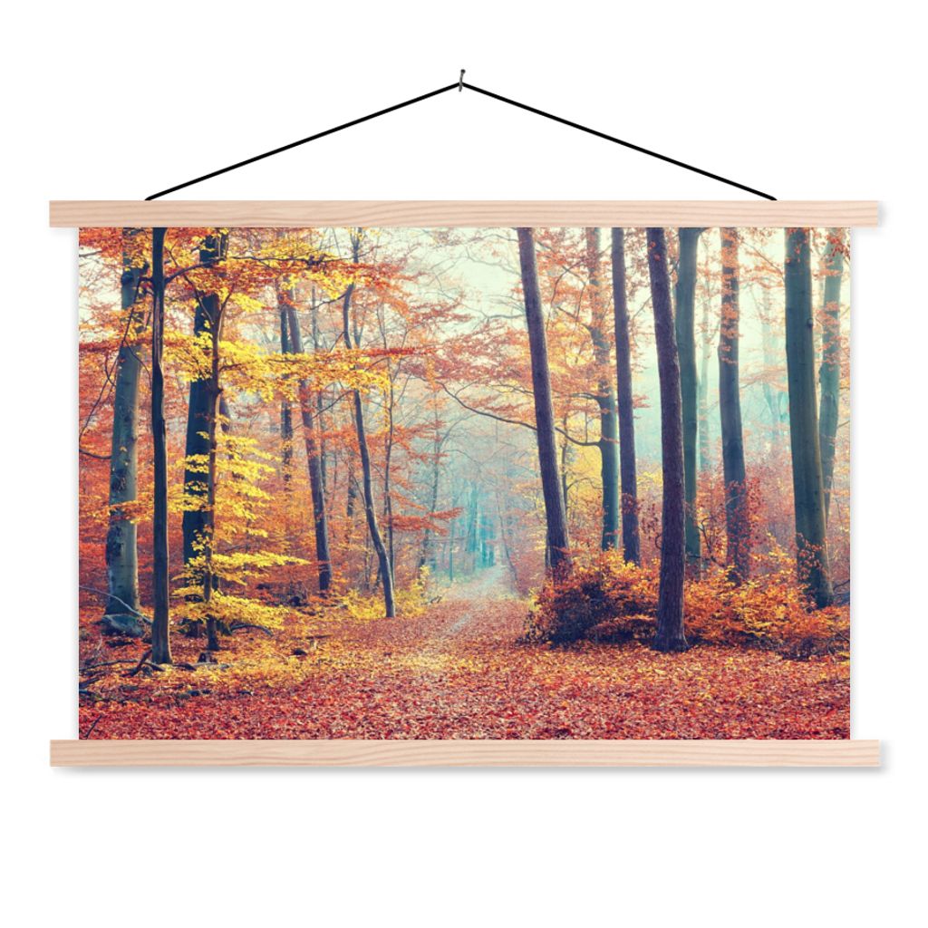 MuchoWow Textilposter Wald - Herbst - Laub 120x80 cm mit holzfarbenen Rahmen - Aufhängeset