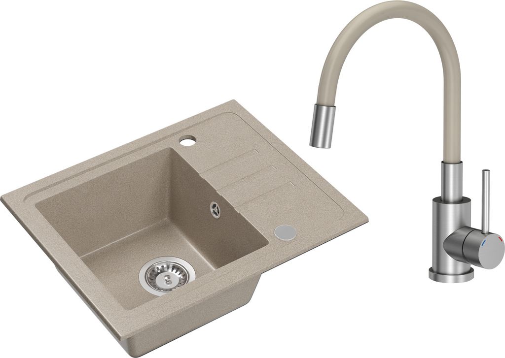 VBChome Spülbecken Granit Beige mit Armatur 55 x 44 cm Einzelbecken Einbauspüle Gesprenkelt Reversibel Granitspüle Siphon Waschbecken Armatur Beige