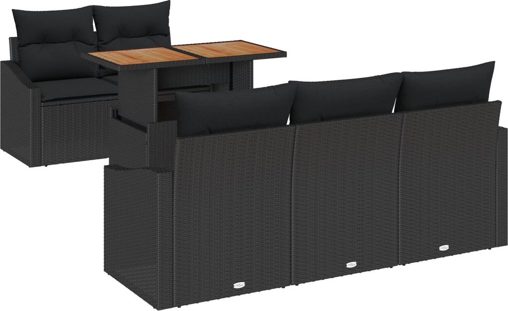 Möbel 6 Teiliges Garten Esstisch Set mit Kissen Schwarz Poly Rattan Akazie - Gartensofas 3349778