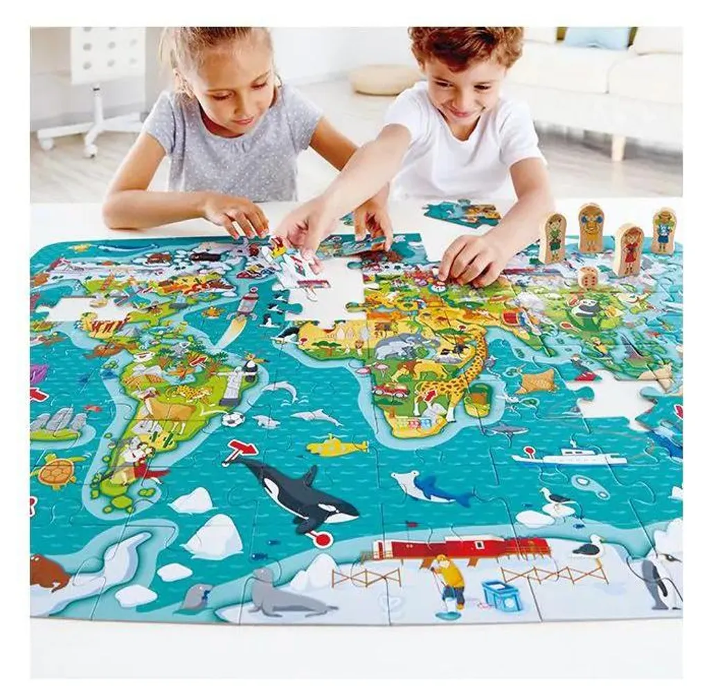Jeu Éducatif Hape 2-en-1 World Tour : Puzzle Géant et Rail de Train Bois