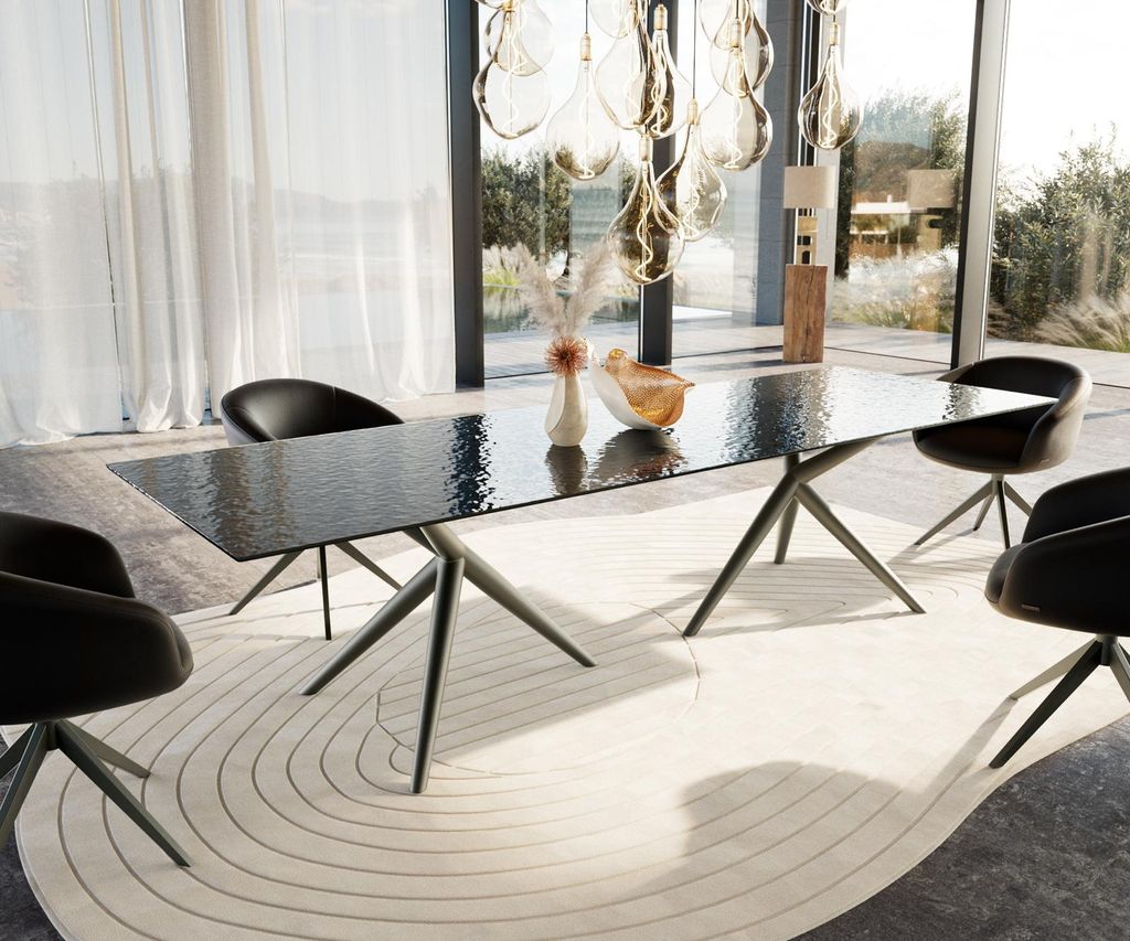 DELIFE Esstisch Edge 300x100 Reliefglas Rauchschwarz 3D-Design Estelar rund Metall Effektfinish Titan