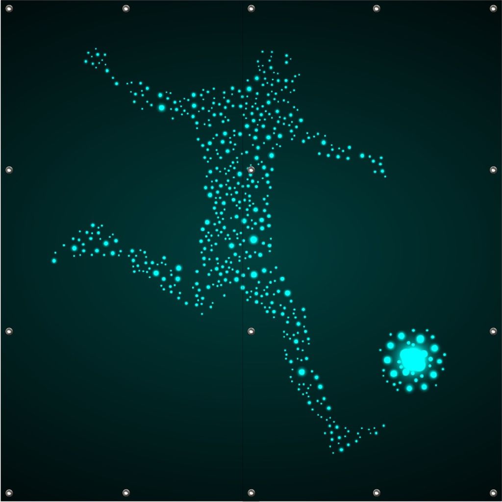 Wallario Outdoor-Poster für Garten oder Balkon, Motiv Fußball - ein Spieler aus tausend Sternen in türkis, in ca. 180 x 180 cm