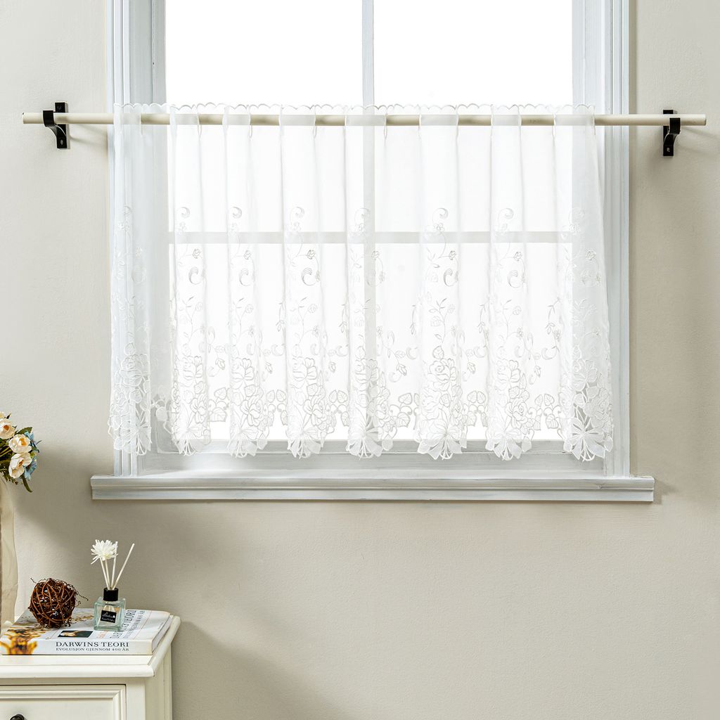 Delien Scheibengardinen Kurz Küche Gardinen mit Stickerei Landhausstil Spitze Vintage Kurzstores Weiß BxH 150x30 cm