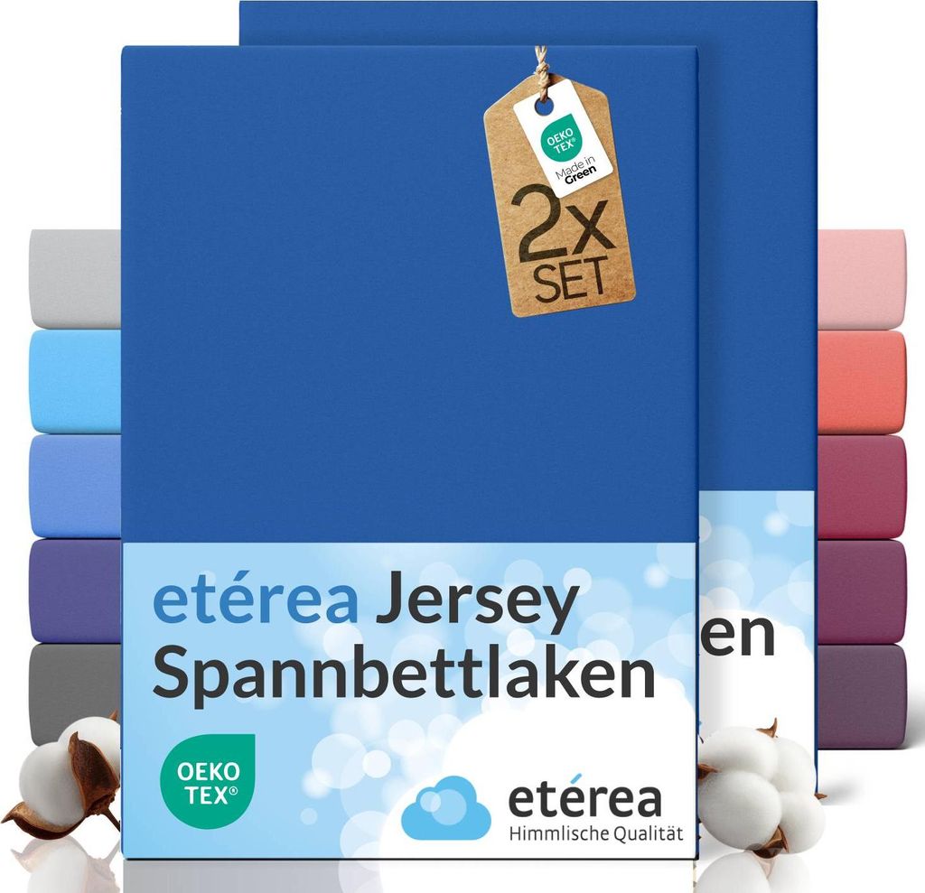 etérea Spannbettlaken Jersey 2 Stück - 140x200 cm - Bettlaken - 100 % Baumwolle - Blau