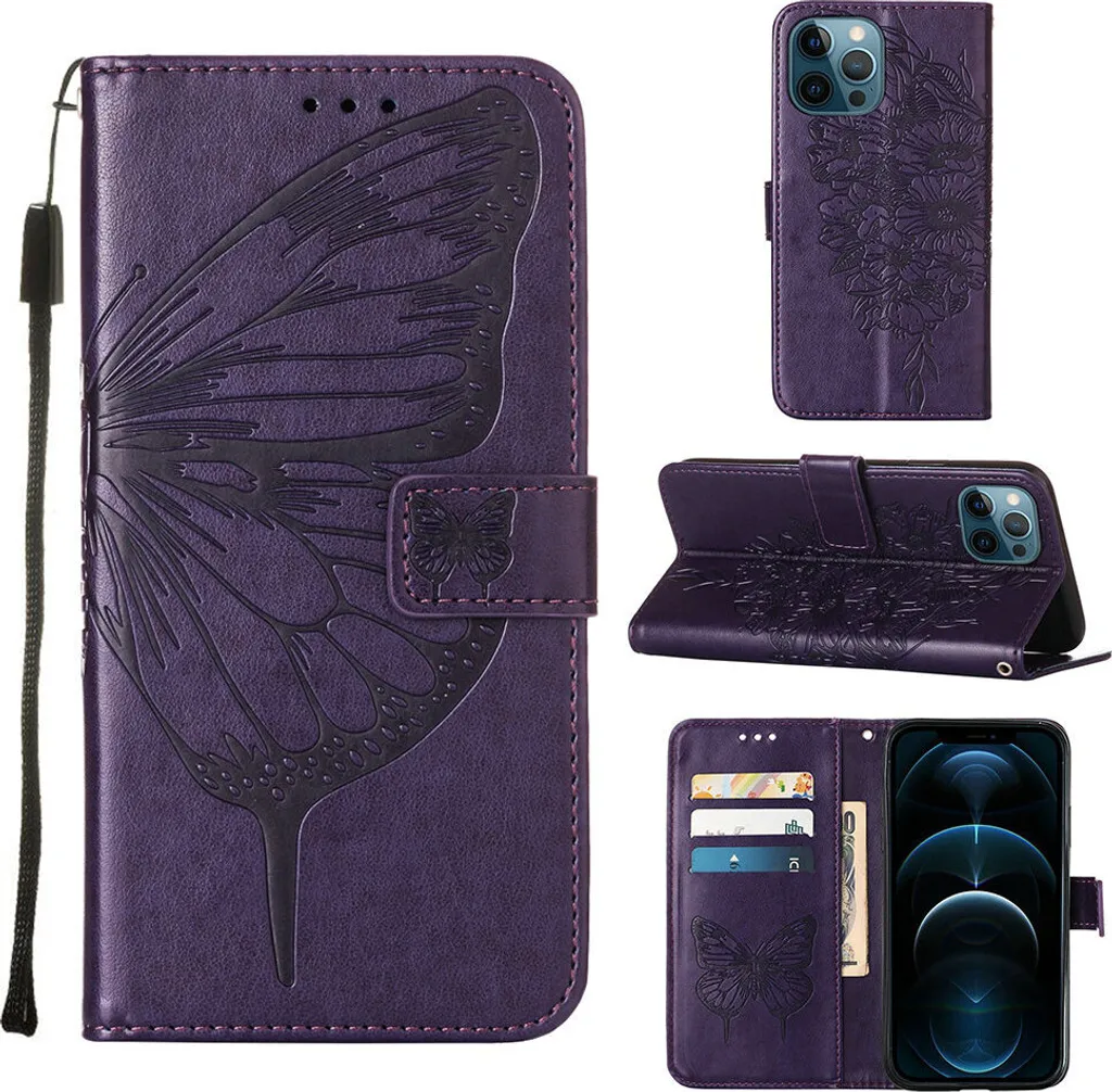 custodia per iPhone 12 Pro Max, Custodia in pelle Flip a farfalla con slot per carte e supporto per iPhone 12 Pro Max Viola