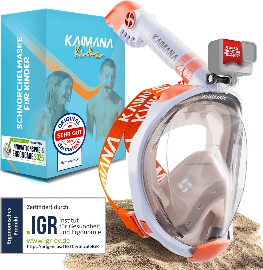 Die Preisgekrönte KAIMANA Schnorchelmaske für Kinder - absolut CO2 sicher - inkl. Tragetasche - Tauchermaske - Vollgesichtsmaske Tauchmaske