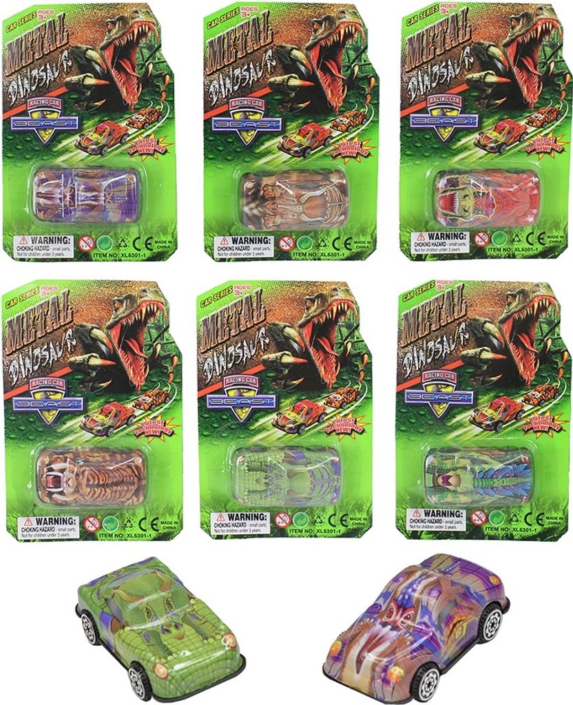 1 x Mini-Auto Fahrzeug Metall Dinosaurier-Design auf Karte ca. 15x10cm, 1 aus verschiedenen Varianten Safari-Auto Dinostyle