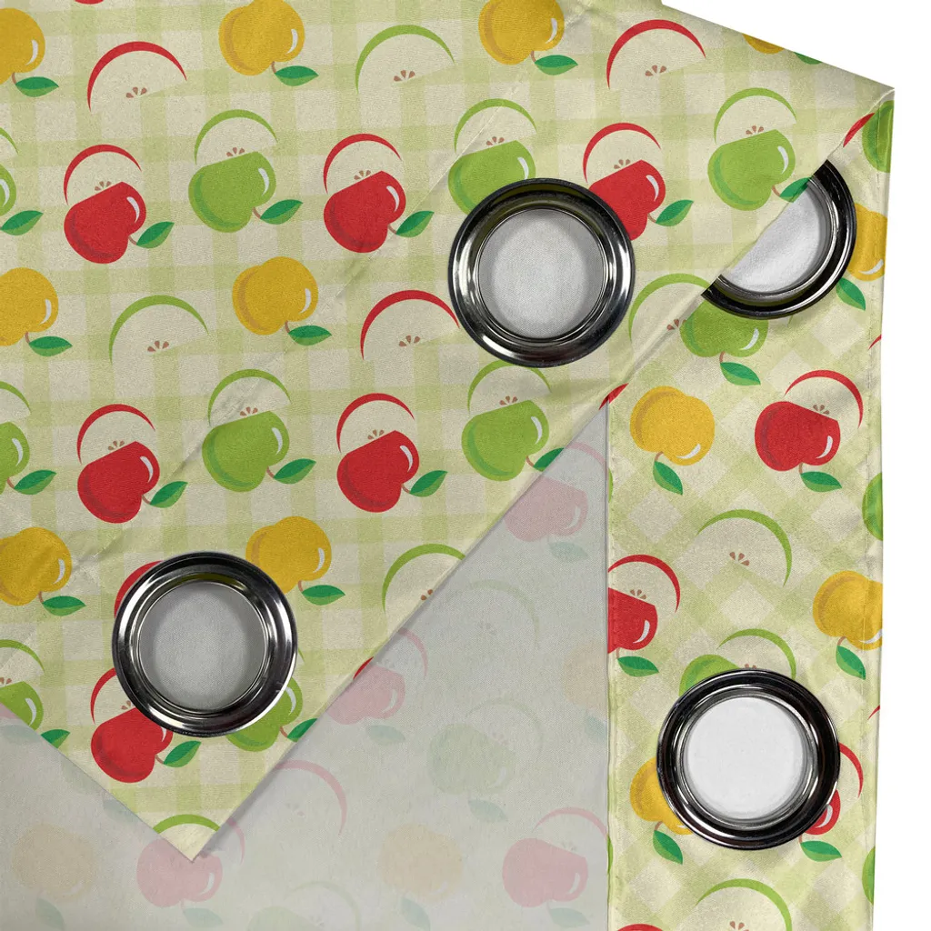 ABAKUHAUS Tenda con occhielli a tema mele, motivo a quadri diagonali con mele e fette Tema retrò-country-cucina, tende decorative a 2 pannelli, 280 cm x 175 cm, verde giallo rosso - 3