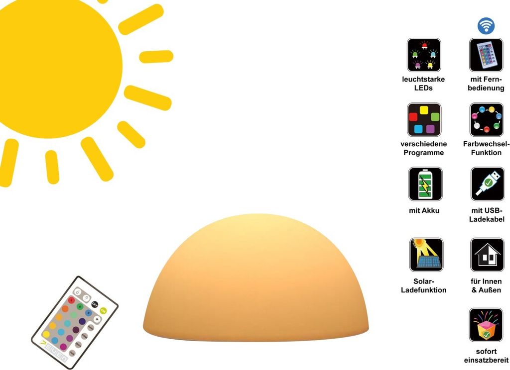 A sun graphic, a remote control, and a semi-spherical lamp are shown against a white background, with icons and text describing product features on the right.