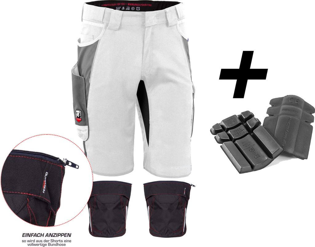 Qualitex kurze Arbeitshose - HANDWERKER-BUNDLE IRON Shorts + Kniepolstertasche inklusiv Kniepolster - in Farbe: weiß/grau - Herren: 46 - Damen: 40