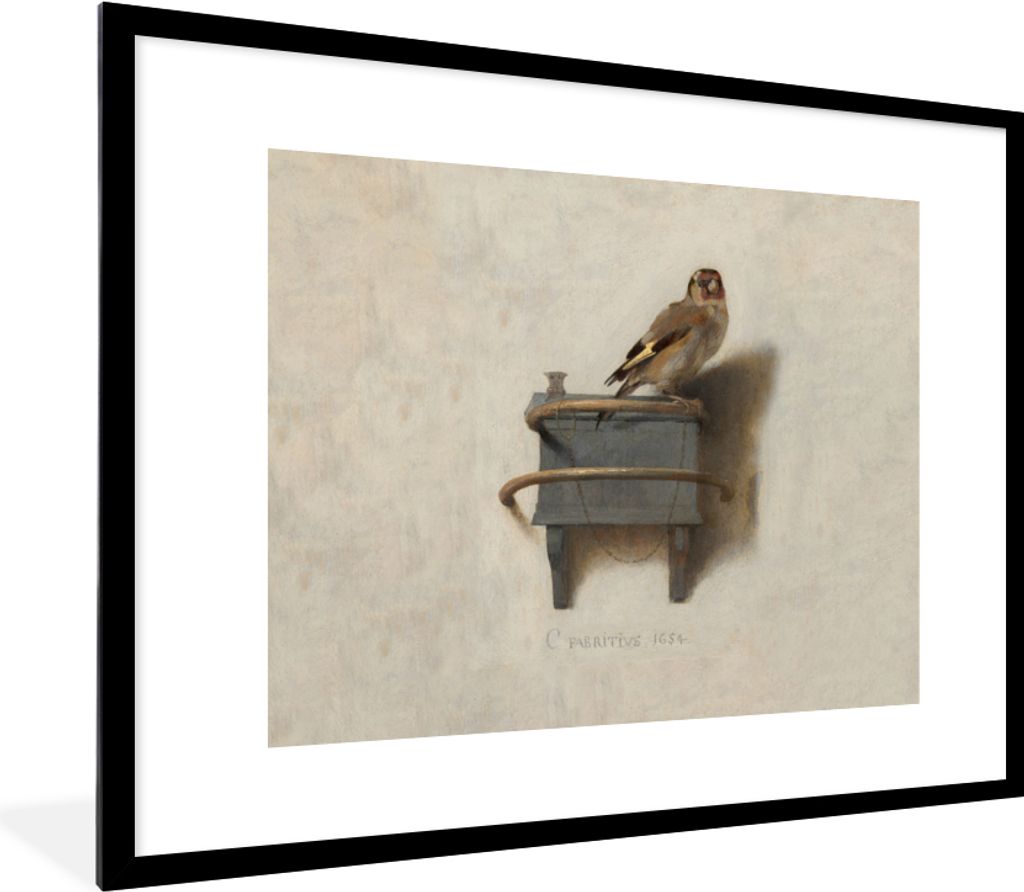 MuchoWow Gerahmtes Poster Der kleine Stieglitz - Gemälde - Fabricius - Alter Meister 80x60 cm - Poster mit Schwarzem Bilderrahmen Wandposter Rah...