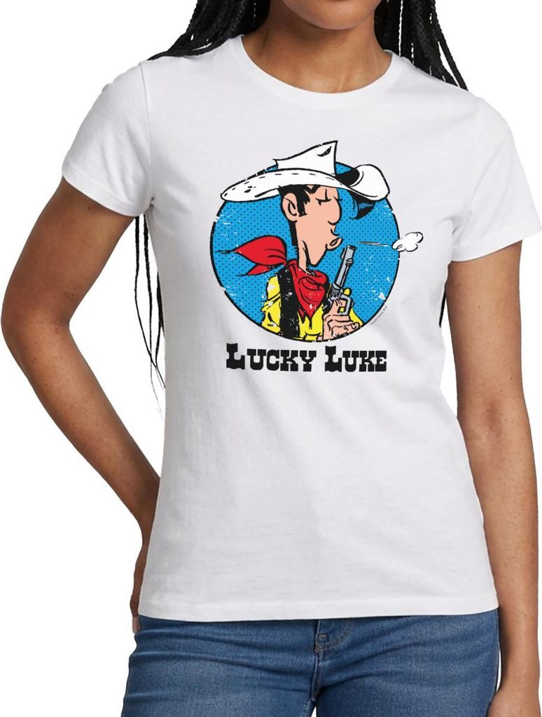 Spreadshirt Lucky Luke mit Pistole Frauen T-Shirt, XXL, Weiß