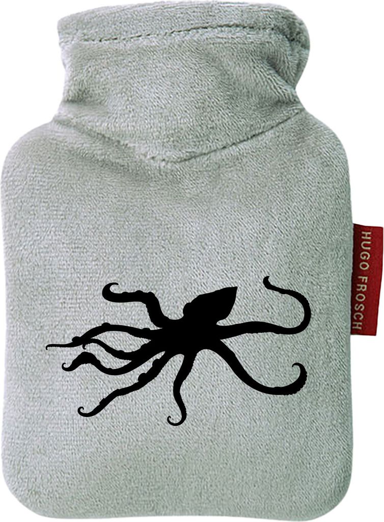 Huuraa Mini-Wärmflasche Oktopus Silhouette 0,2 Liter Grey Mini Veloursbezug Taschenwärmer Geschenkidee