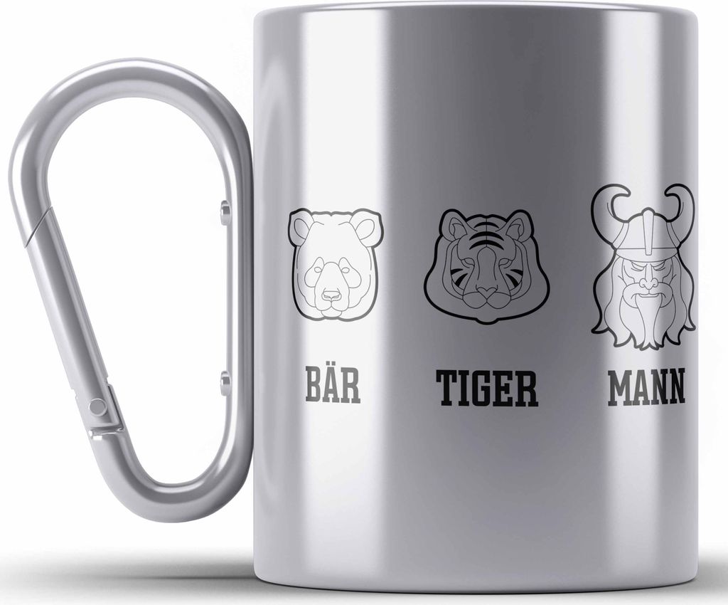Trendation - Bär Tiger Mann Edelstahl Tasse Karabiner Produktbild 