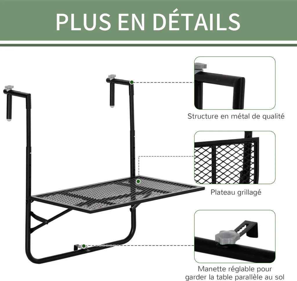 Table de balcon suspendue : la solution pliable noire sans encombre
