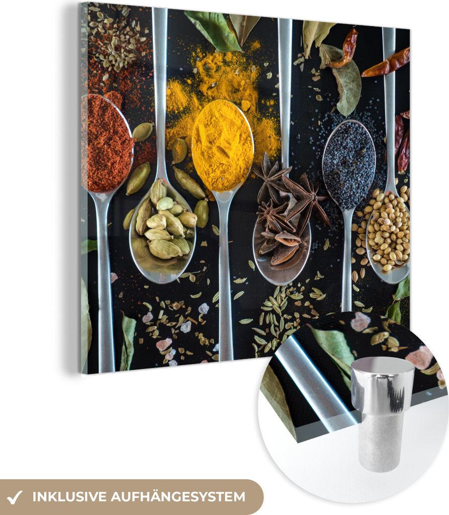 MuchoWow Glasbilder - Bilder auf Wandbild - Foto auf Glas Löffel - Gewürze - Kräuter - Lebensmittel - Tisch 50x50 cm Wanddekoration aus Glas - A...