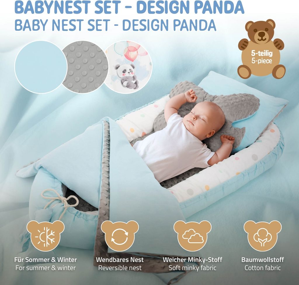 Joyz Babynest aus Baumwolle 90x50 cm Panda mit hellgrauem Minky 5 Teilig