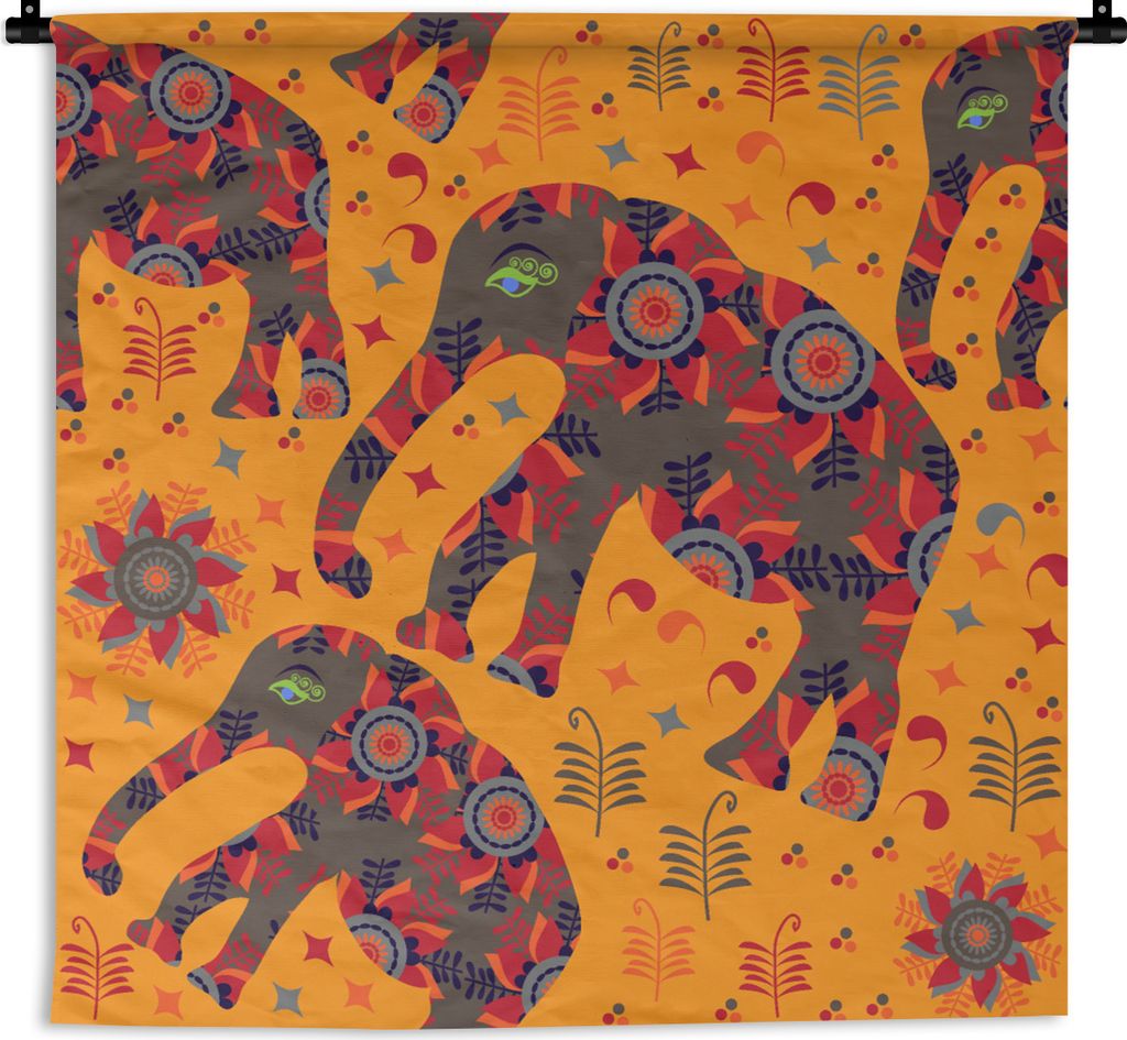 MuchoWow Wandteppich Wandbehang Elefant - Ornament - Blumen - Muster 90x90 cm Tapisserie Dekoration Wandtuch - Wandaufhänger