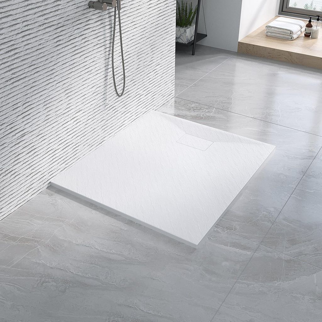 AQUABATOS Duschwanne 100x90 cm – weiße rutschfeste Duschtasse, 2,6 cm hoch, SMC-Glasfaser mit Steinoptik, zuschneidbares Design