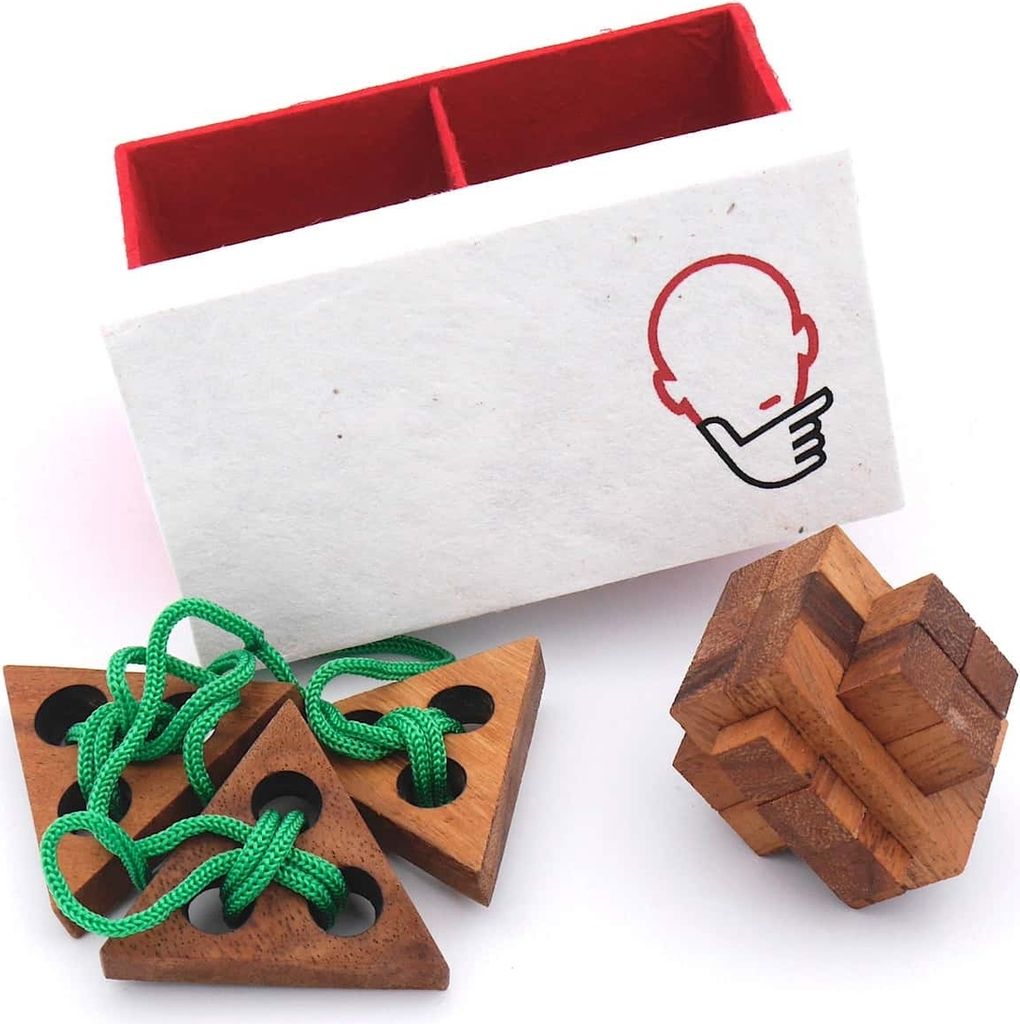 Geschenkbox mit Knobelspielen, Holz-Spiel, Denkspiel, Knobelspiel, Geduldspiel aus Holz