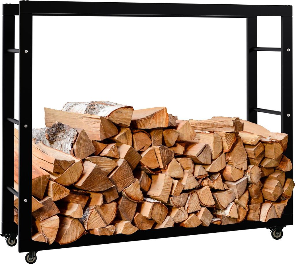 DELUKE Kaminholzregal innen Metall SATLO - mit Rollen | Brennholzregal innen Kaminholzständer Kaminholzhalter Feuerholzregal Innen | Schwarz, 25...