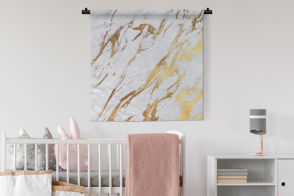 MuchoWow Wandteppich Wandbehang Marmor - Muster - Weiß - Gold 90x90 cm Tapisserie Dekoration Wandtuch - Wandaufhänger