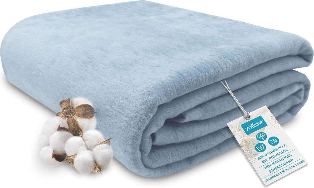 ZOLLNER Kuscheldecke flauschig in 150x200 cm - weiche und langlebige Sofadecke hellblau waschbar bis 40°C Mischgewebe mit elegantem Einfassband