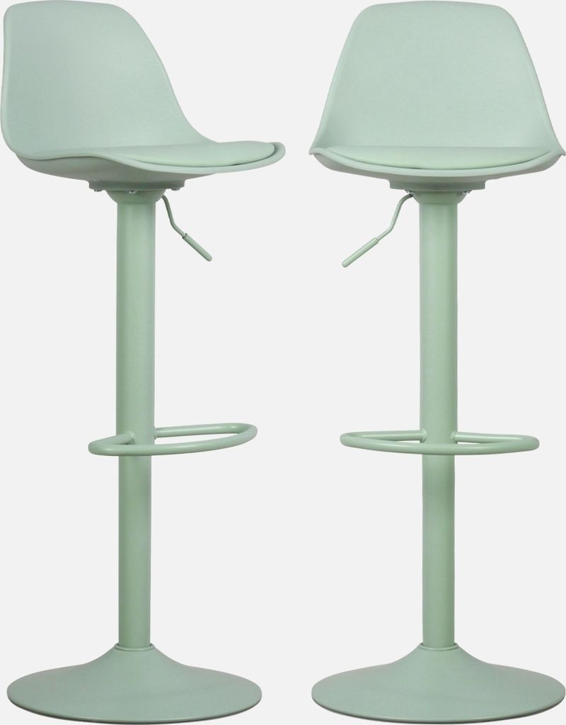Two mint green bar stools are shown from the side against a white background.