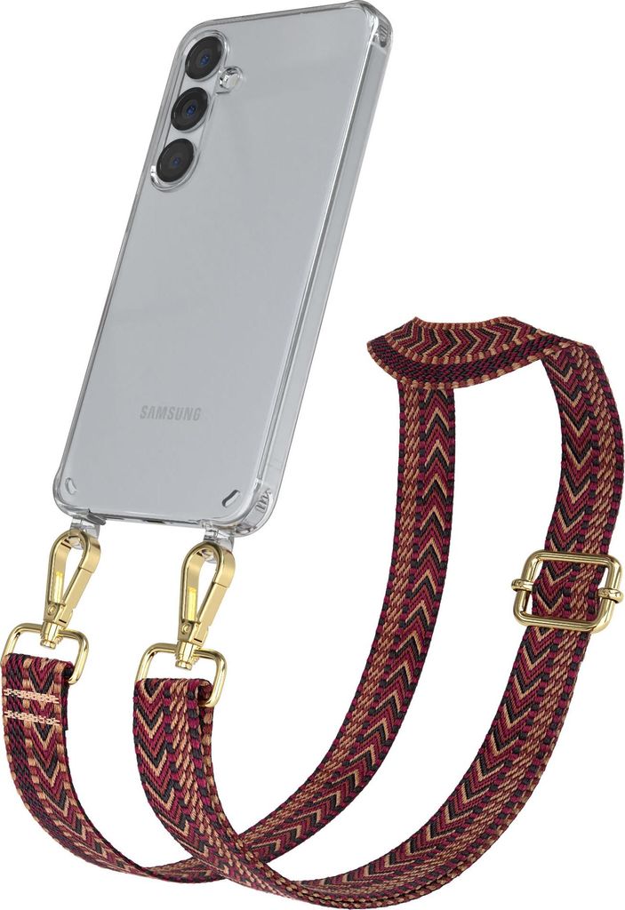 Samsung Galaxy S25 Plus / S24 Plus Chain Eyelets Slim Neck Strap Set Zig Zag Red - Brown 4 Metall Gold