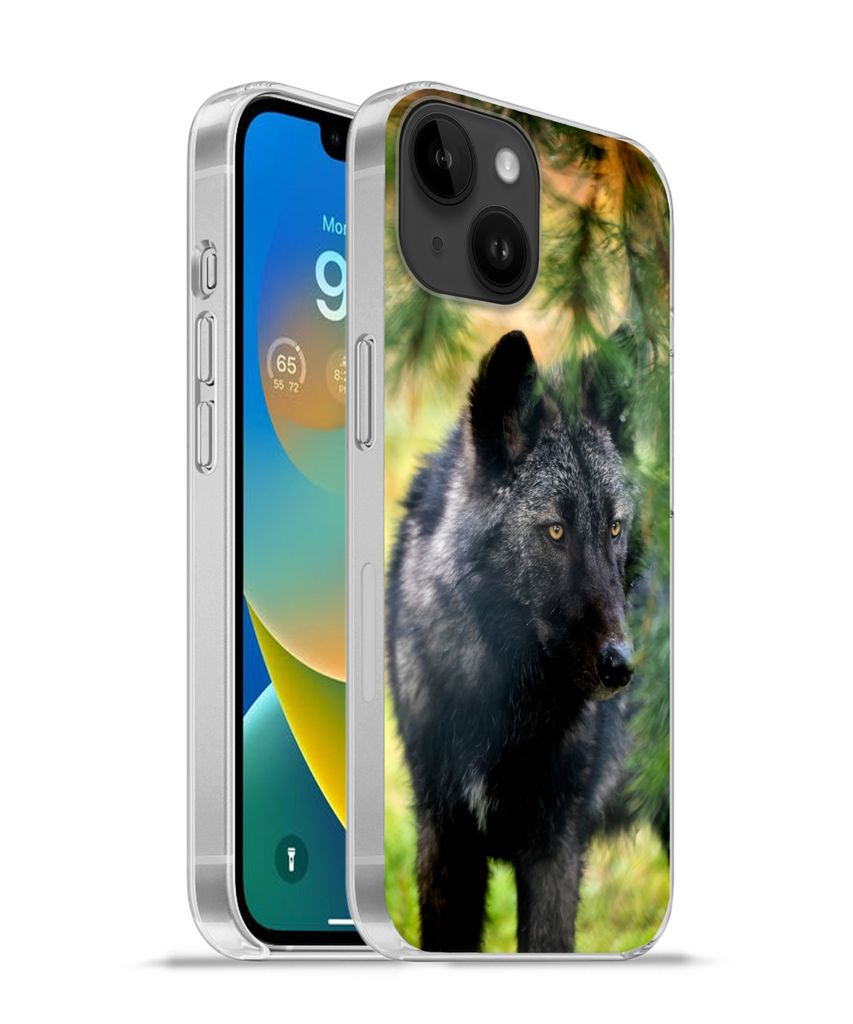 MuchoWow Handyhülle Schutzhülle Hülle für Apple iPhone 14 - Softcase Wolf - Makro - Blätter Silikon Softcase Handy Hülle - Mobiltelefonhülle