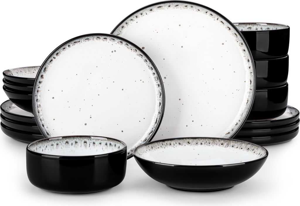 A set of stoneware dishes, including plates and bowls, arranged on a white background.