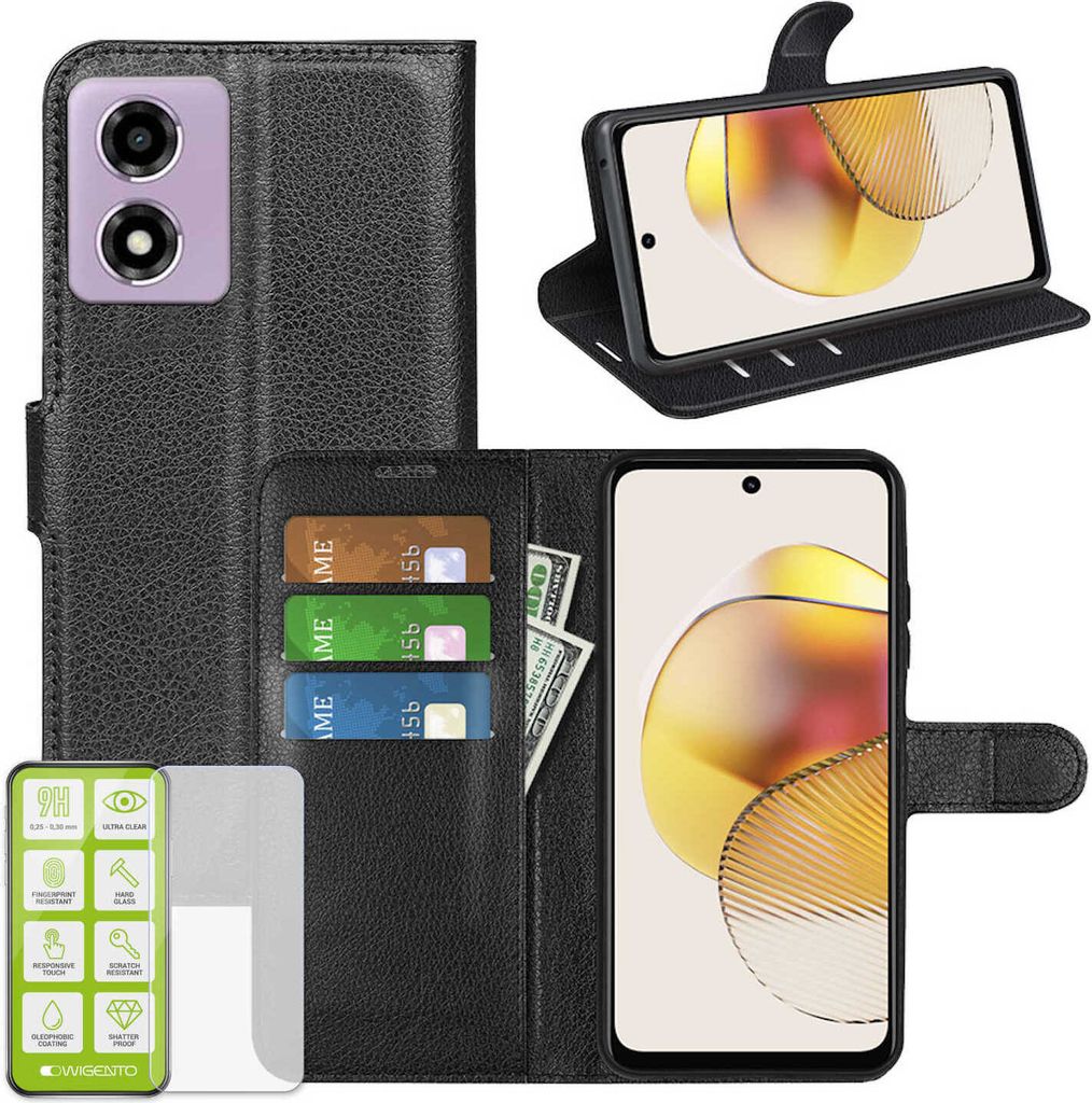 Für Motorola Moto E14 / G04 4G / G04S 4G / G24 4G Handy Tasche Schwarz Etuis Kunst-Leder Hülle Case + H9 Hart Glas