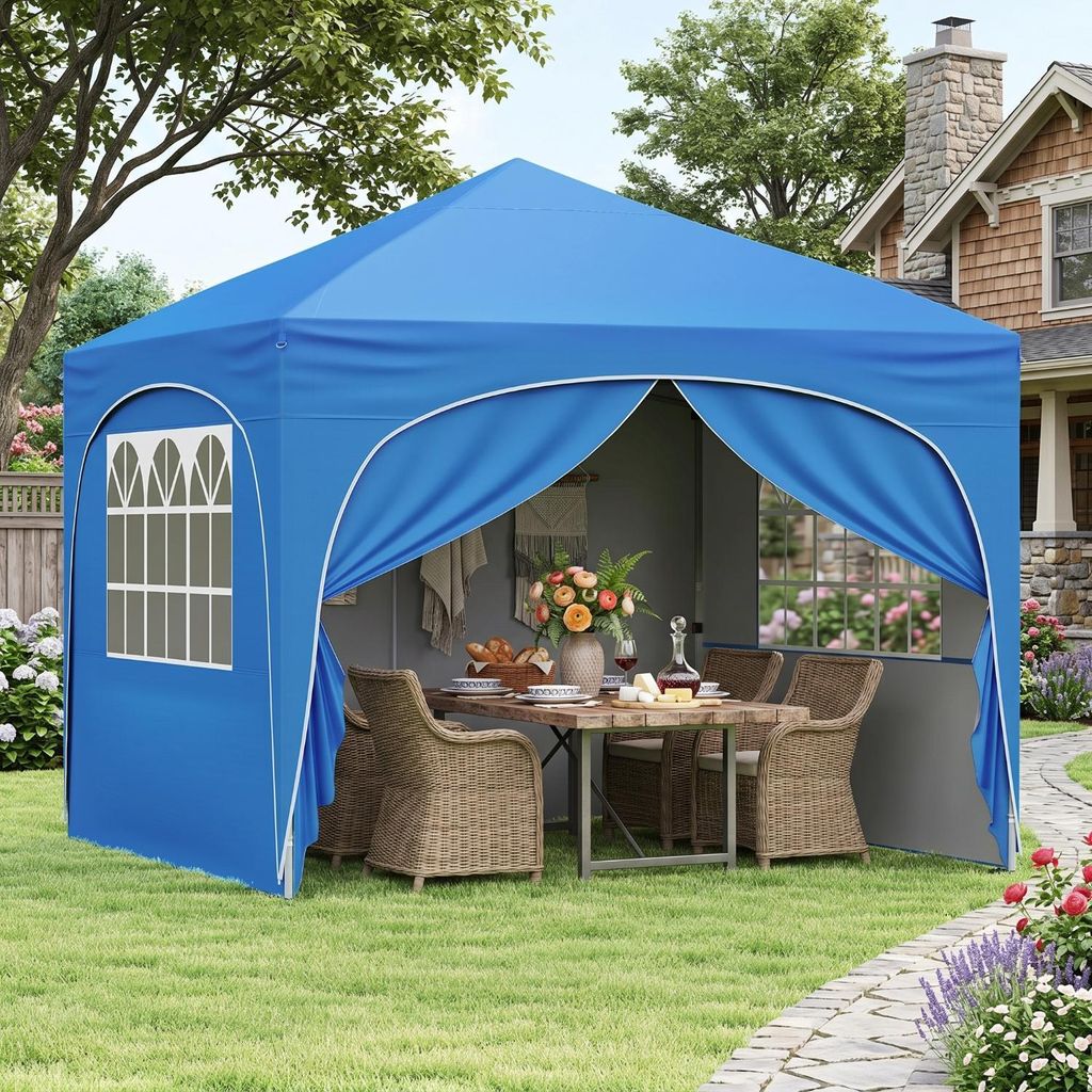 Zerbaco Pavillon, 3x3 m, ausziehbar, mit 4 abnehmbaren Seitenwänden, blau
