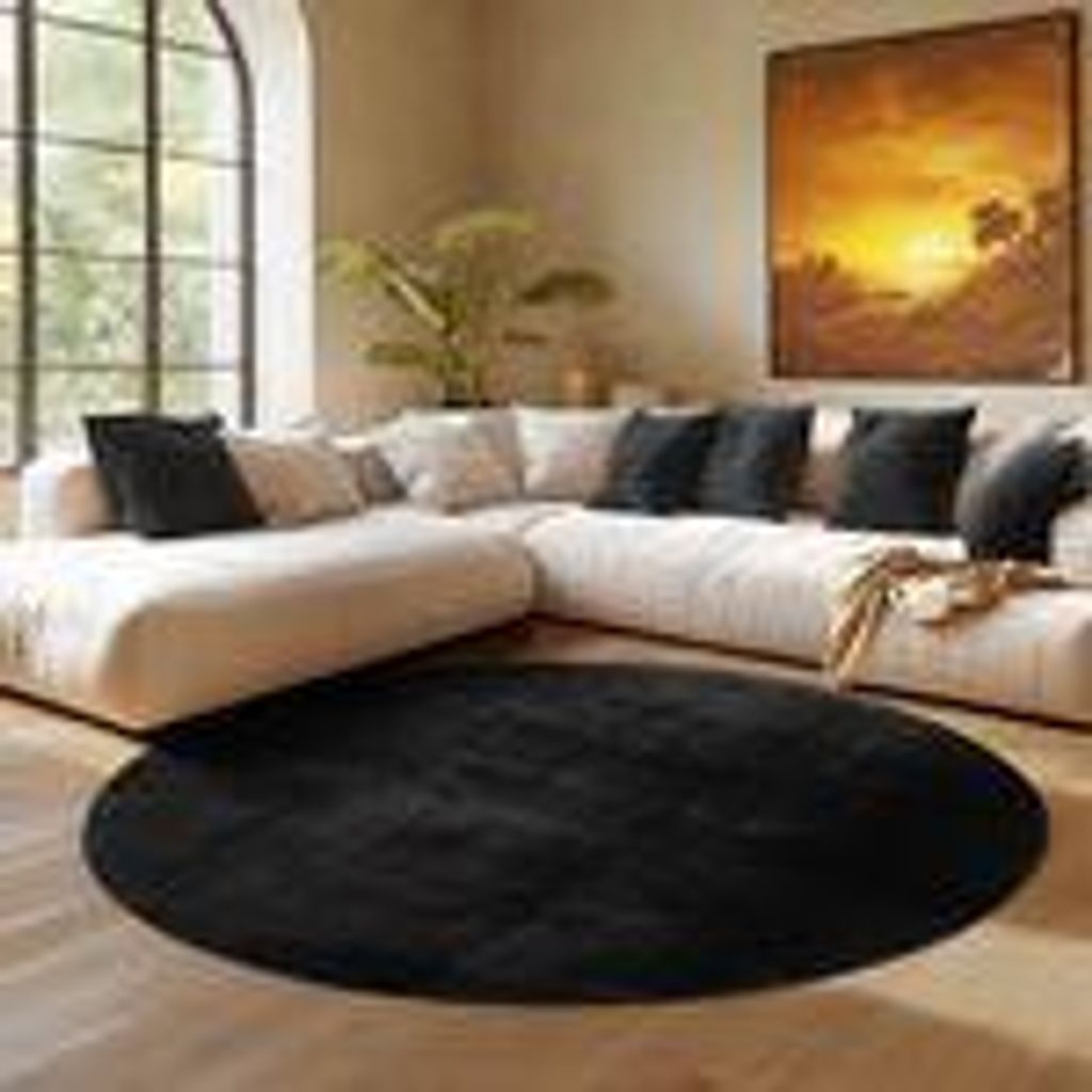 Simpex Wohnteppich und Kurzflor, Waschmaschinenfest, Allergikerfreundlich und Weicher Teppich, Größe: 80 cm Rund, Farbe: Schwarz
