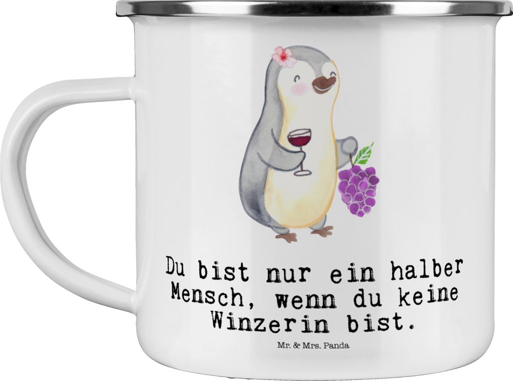 Mr. & Mrs. Panda Teetasse Winzerin Herz - Weiß - Geschenk, Pott, Kaffeepott, Teebecher, Emailletasse, Emaille Tasse