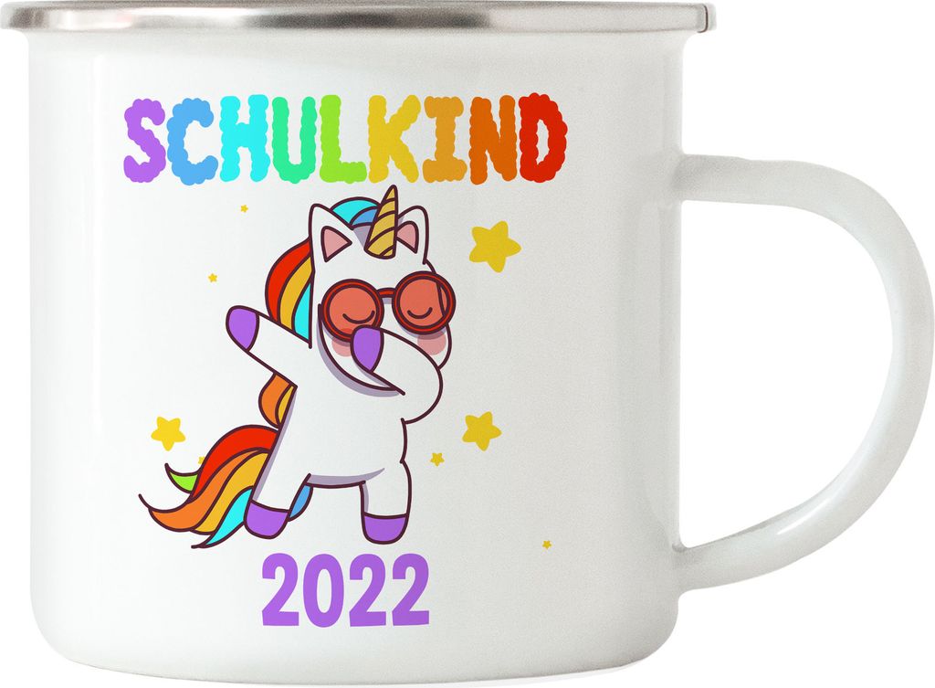 Schulkind 2022 Emaille Tasse Einschulungsgeschenk Einhorn Unicorn Fans Buntes Motiv Regenbogen
