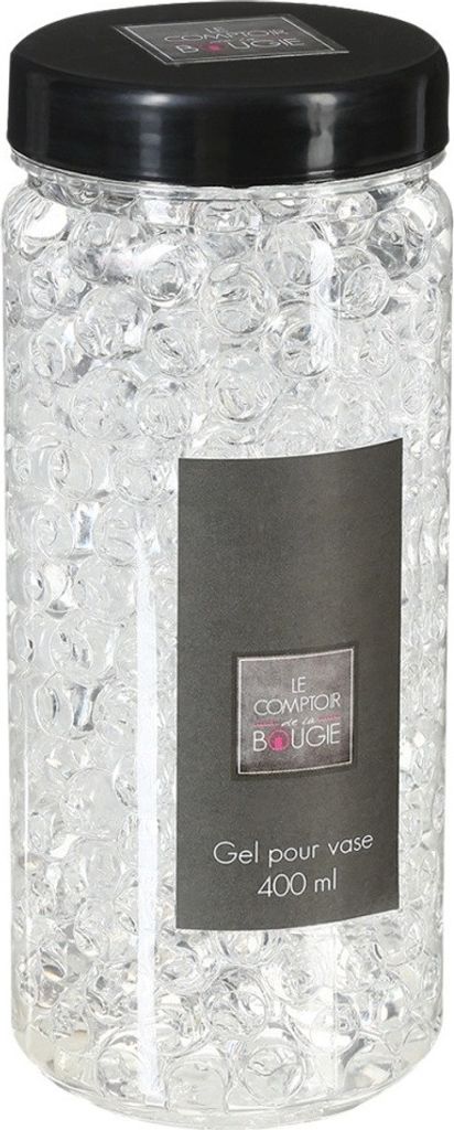 A clear plastic jar filled with clear gel beads, with a black lid and a label.