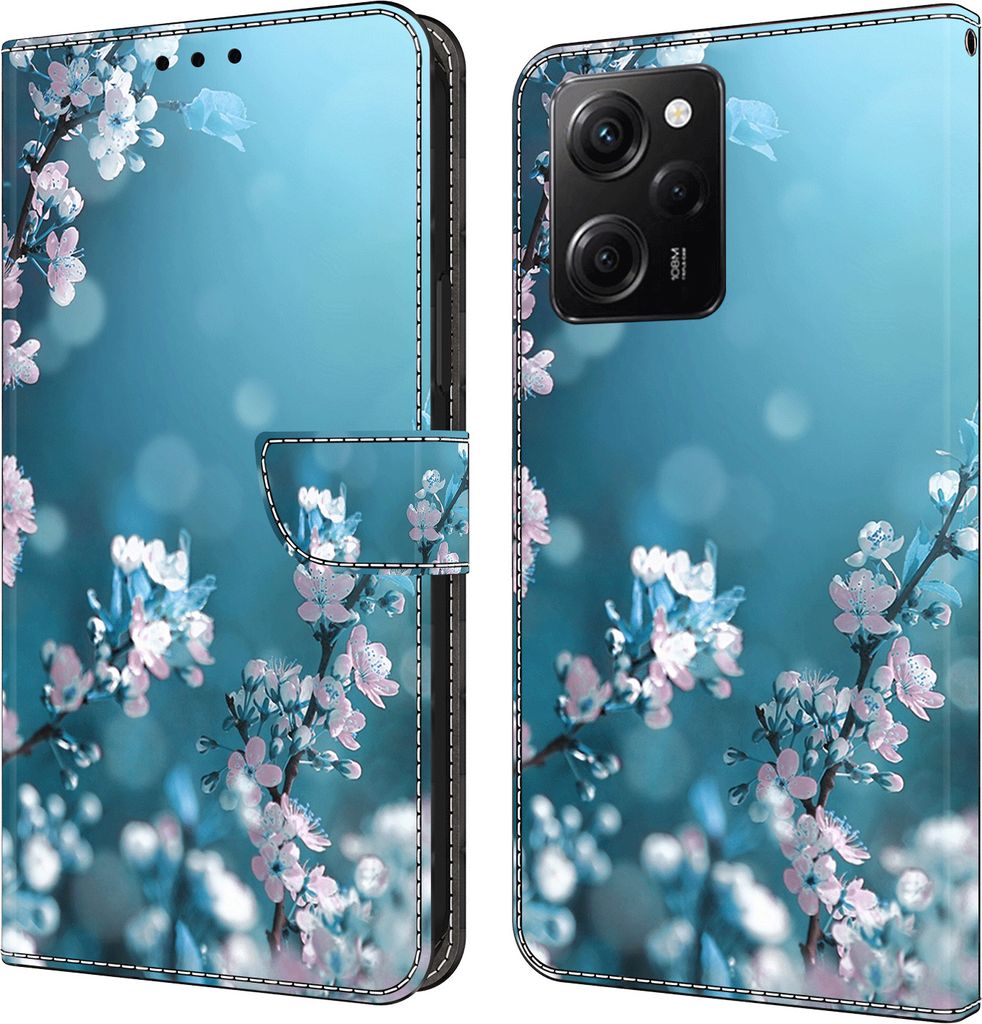 CLM-Tech Hülle kompatibel mit Xiaomi Redmi Note 12 Pro 5G - Tasche aus Kunstleder - Klapphülle mit Ständer und Kartenfächern, Pflaumenblüte blau