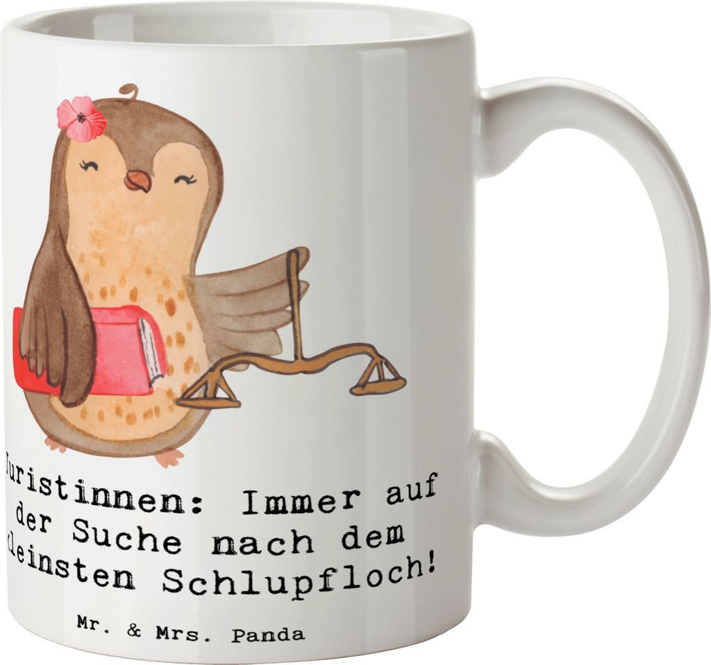 Mr. & Mrs. Panda Tasse Juristin Schlupfloch - Weiß - Geschenk, Jurastudium, Bedruckte, mit Motiv, Berufe, humorvolle Jura, Beruf, Teetasse, Gesche...