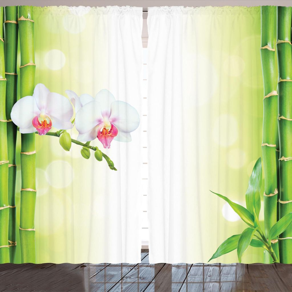 ARANDE Spa Gardine, Orchideen Blumen Mit Bambuszweigen In Den verschiedenen Farben Spirituelles Thema, 280 x 175 cm, Grün und Weiß