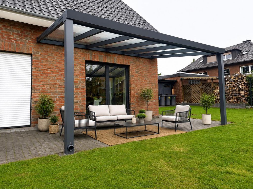 Aluminium Terrassenüberdachung Barcelona Anthrazit mit Glas Produktbild  KI-generiertes Bild