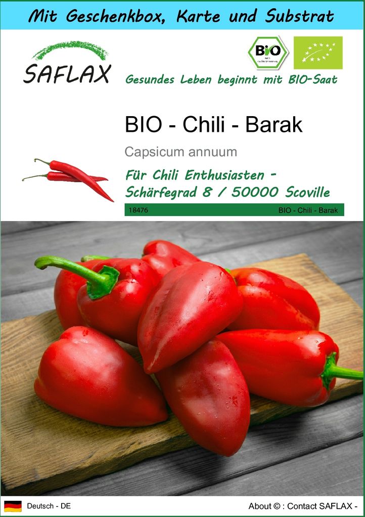 SAFLAX - Geschenk Set - BIO - Chili - Barak - 15 Samen - Mit Geschenk- / Versandbox, Versandaufkleber, Geschenkkarte und Anzuchtsubstrat - Capsicum...