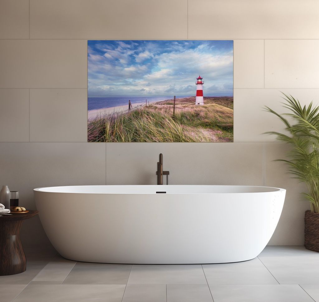 Wallario wasserfestes Poster selbstklebend 70 x 100 cm, Leuchtturm am Strand von Sylt, Badezimmerposter Spritzschutz mit Hochglanzoberfläche in Gl...