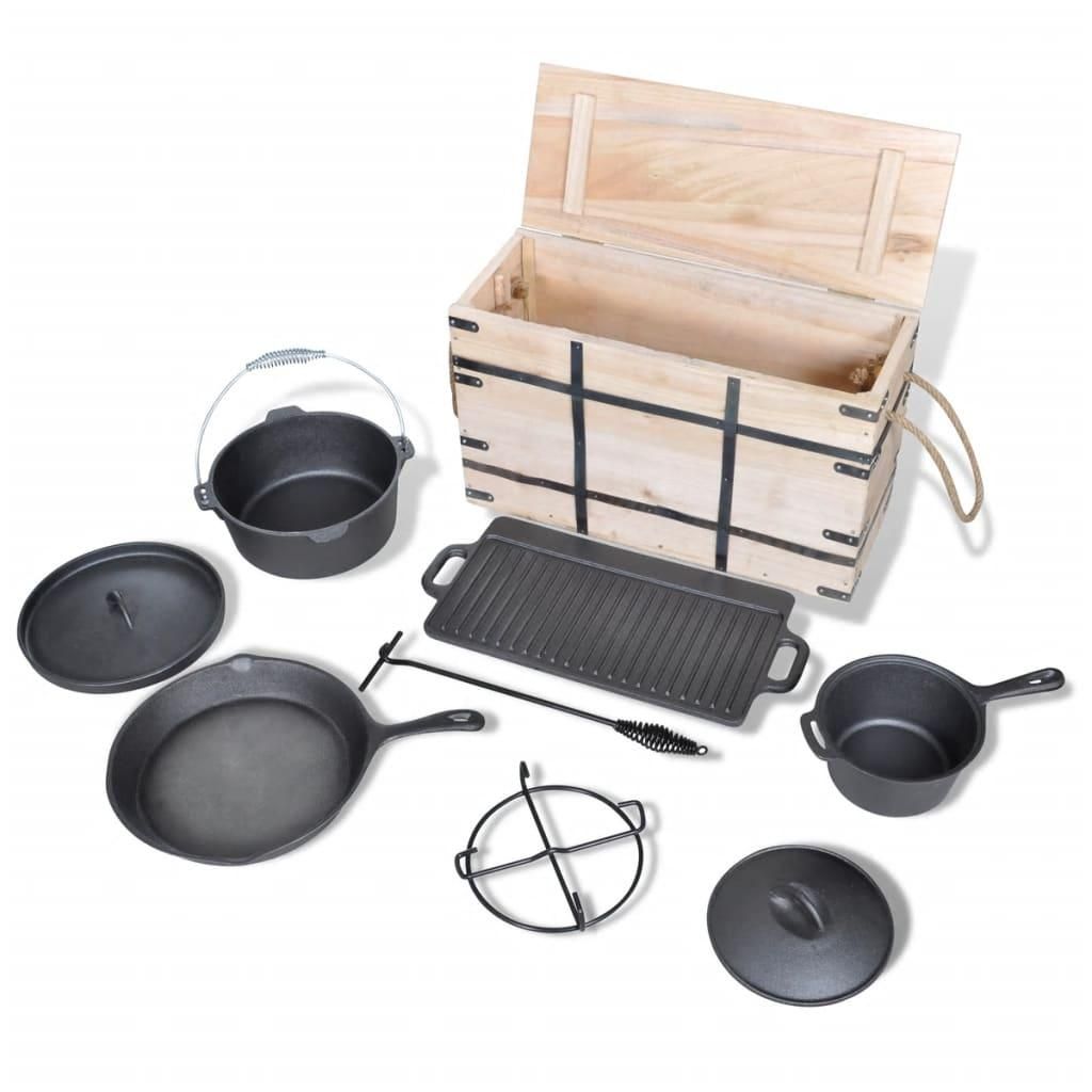 FORSMANO 9-teiliges Dutch Oven Set aus Gusseisen, inkl. Holzkiste, Töpfe, Pfanne, Grillplatte & Zubehör, ideal für Outdoor & Grill